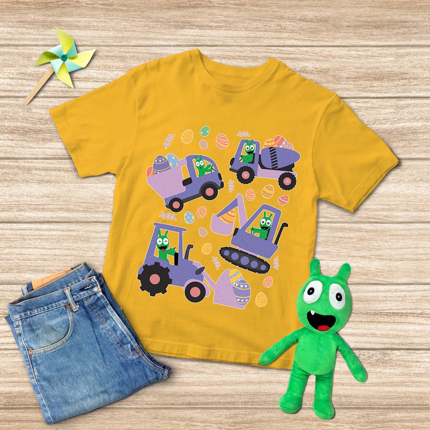 Pea Pea balaie les œufs de Pâques avec un t-shirt pour jeunes de véhicules de construction 