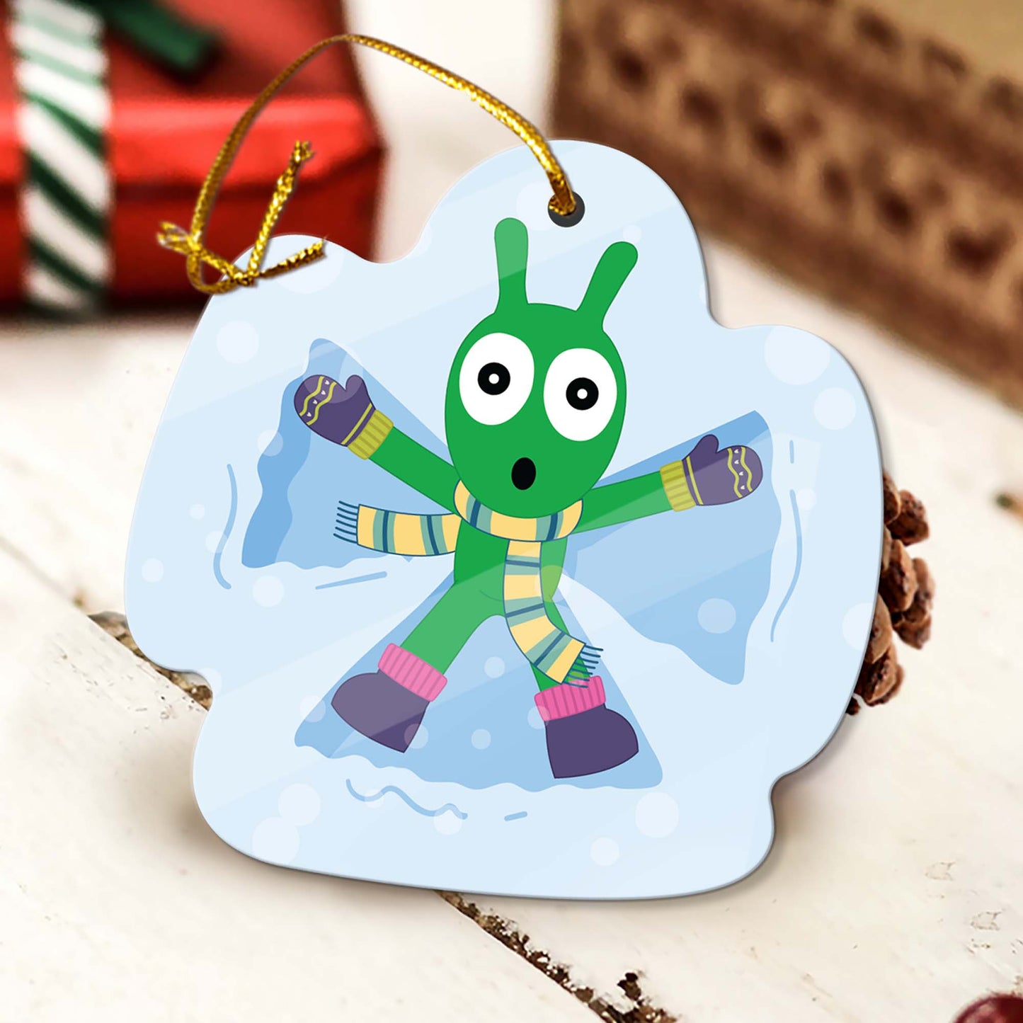 Pea Pea Play with Snow Christmas Custom Shaped Acrylic Ornament