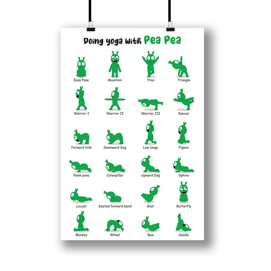 Doing Yoga With Pea Pea Poster, Pea Pea Yoga Poses Posters For Kids