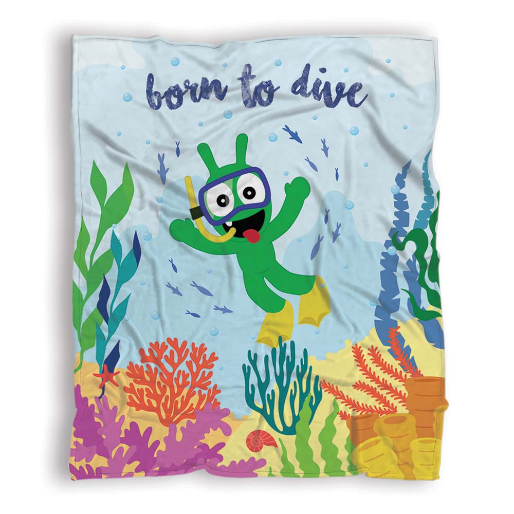 Pea Pea Born To Dive Fleece Blanket, Pea Pea Ocean Theme Blankets