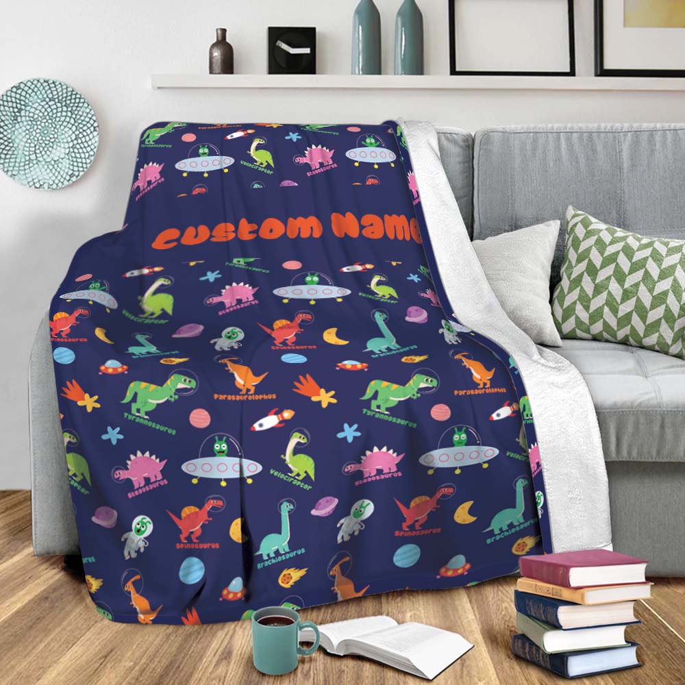 Pea Pea And Dinosaurs In Space Personalized Cozy Soft Warm Fleece Blanket