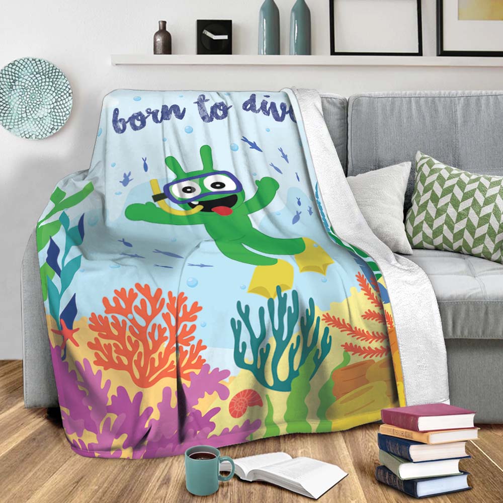 Pea Pea Born To Dive Fleece Blanket, Pea Pea Ocean Theme Blankets