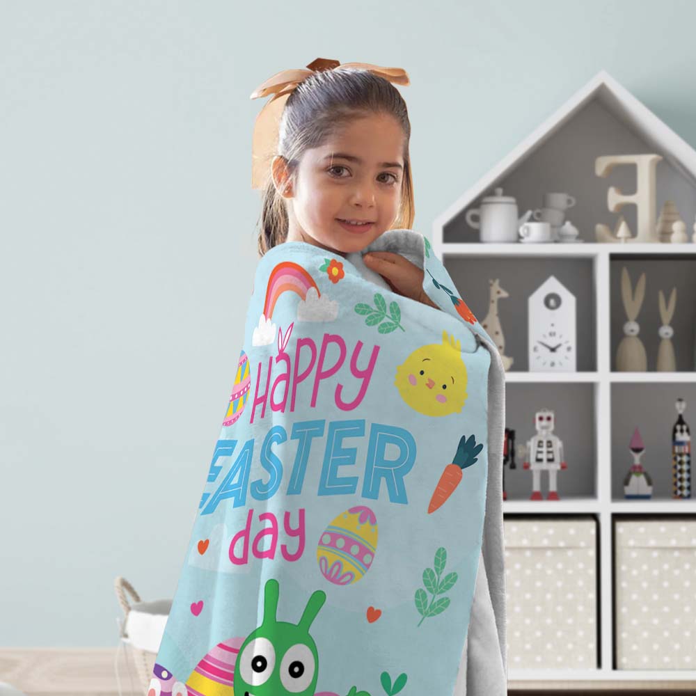 Pea Pea Happy Easter Day Fleece Blanket, Pea Pea Bunny Easter Eggs Blankets